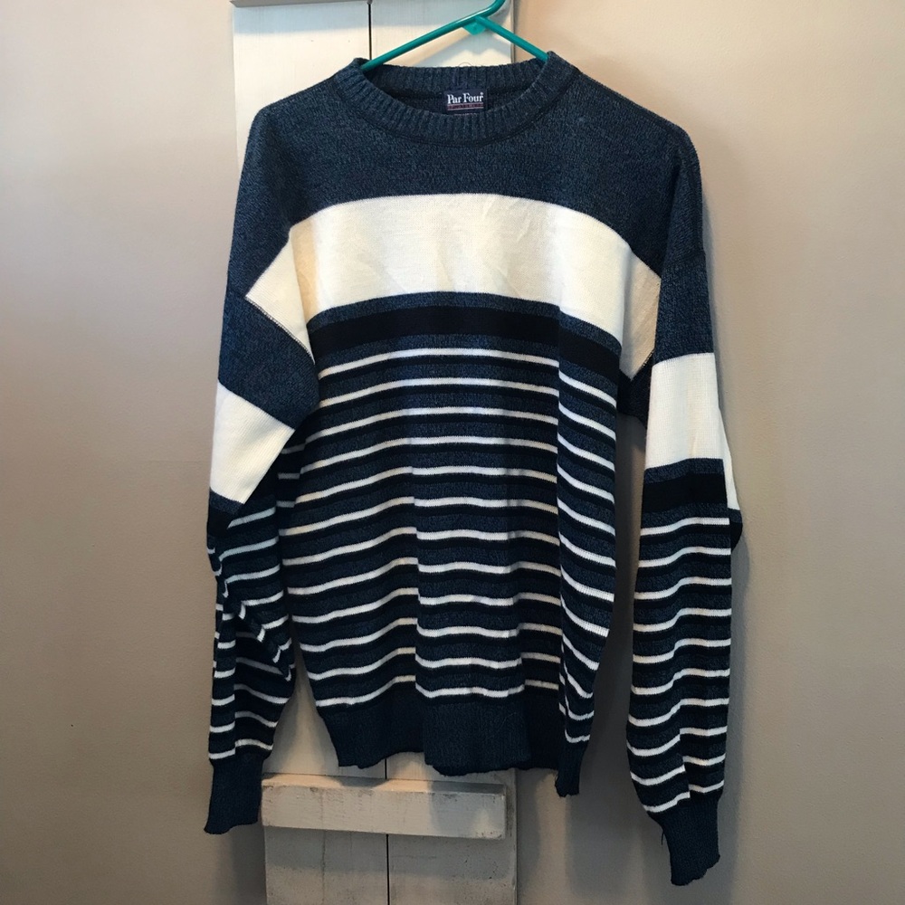 Vintage Par Four Men's Navy and White Striped Sweater Size Large Tall